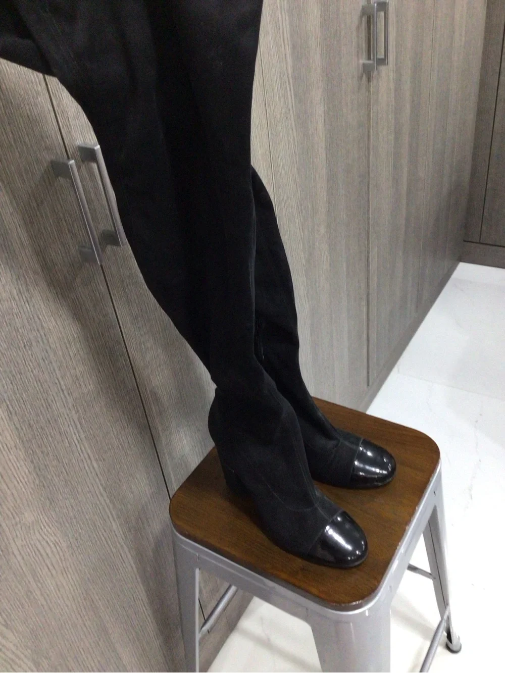 Marc Fisher Black Over-the-Knee Suede Boots with Patent Cap Toe